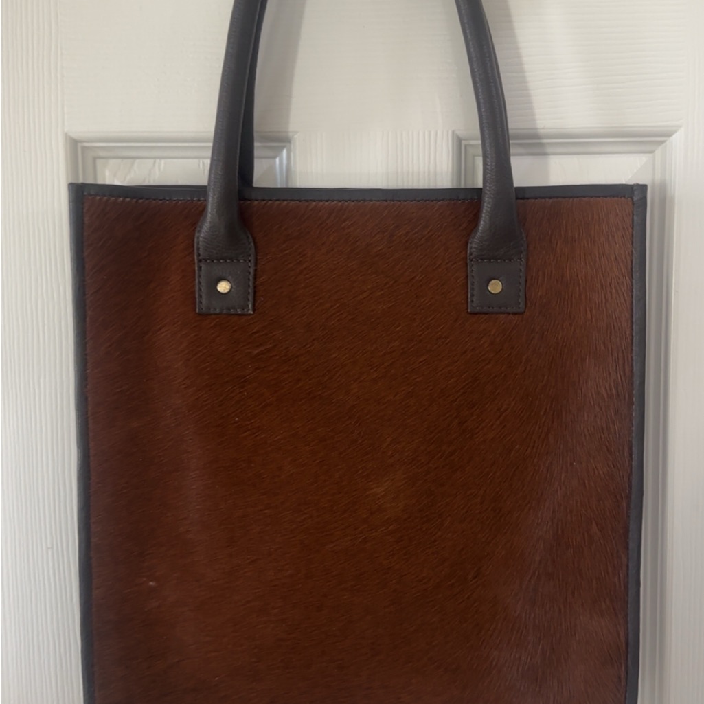 Brown Leather-Trimmed Haircalf Tote